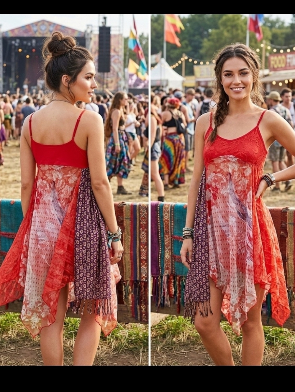 Upcycled red scarf top tunic XS festival artsy flowy fairy